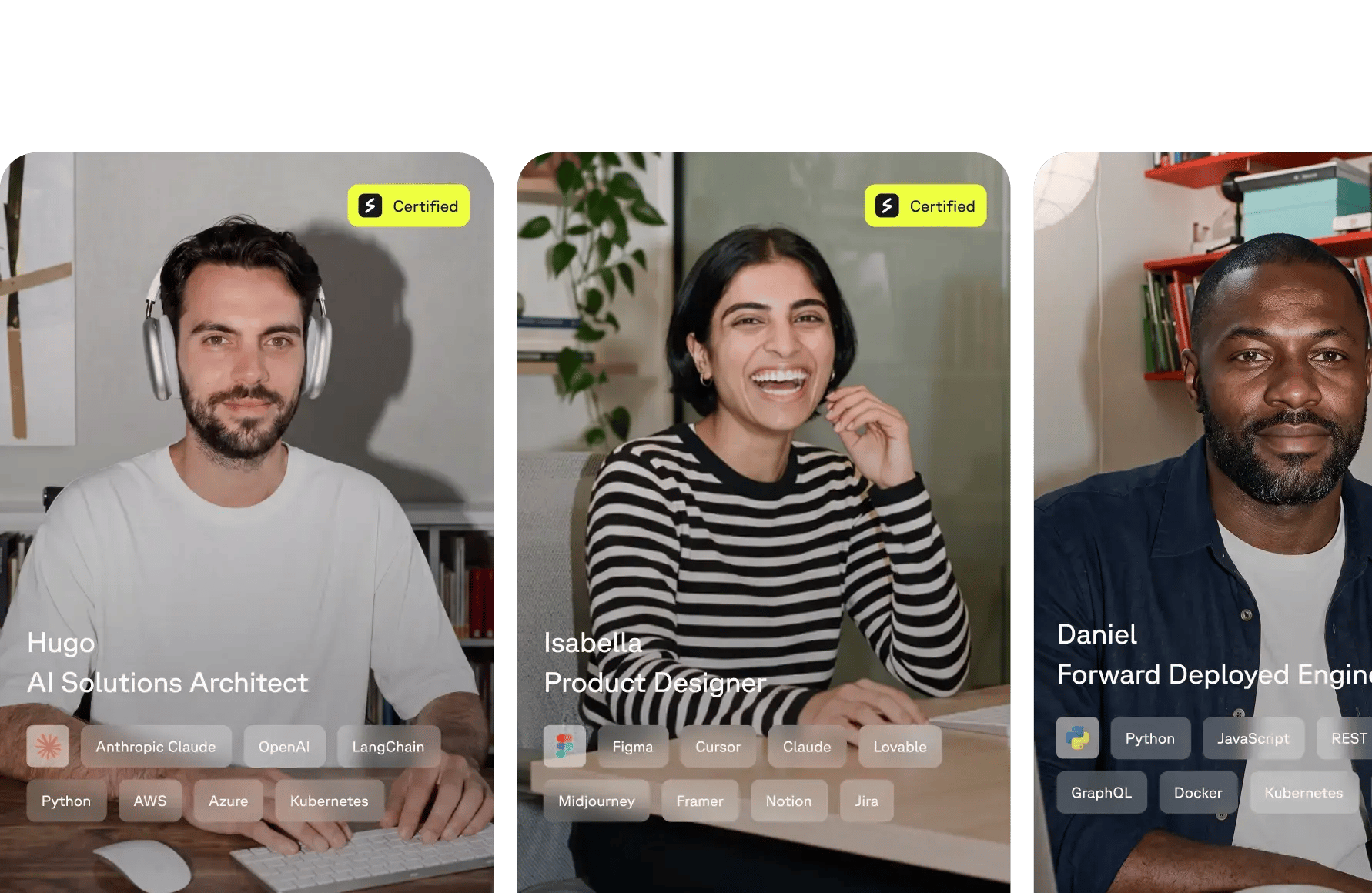 Perfiles de talento certificado por Shakers: AI Solutions Architect, Product Designer y Forward Deployed Engineer